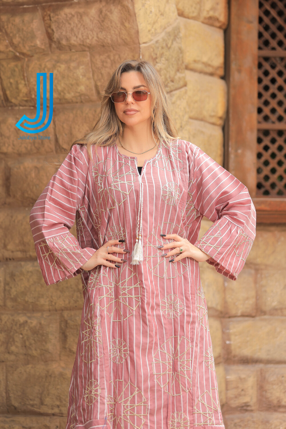 H7 جلابية كتان بتطريز من الطراز الاسلامي