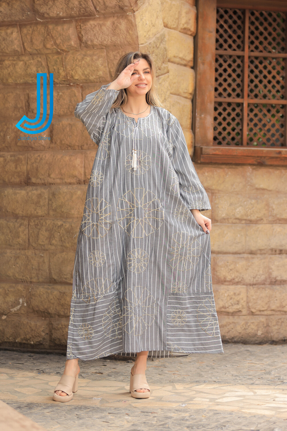 H7 جلابية كتان بتطريز من الطراز الاسلامي