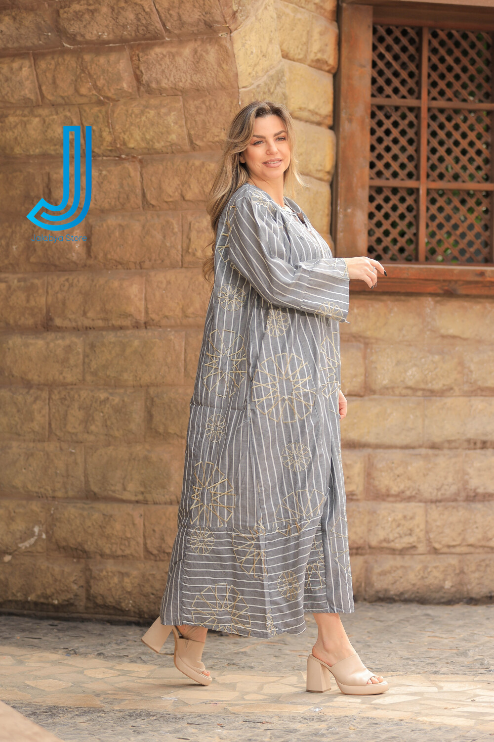 H7 جلابية كتان بتطريز من الطراز الاسلامي