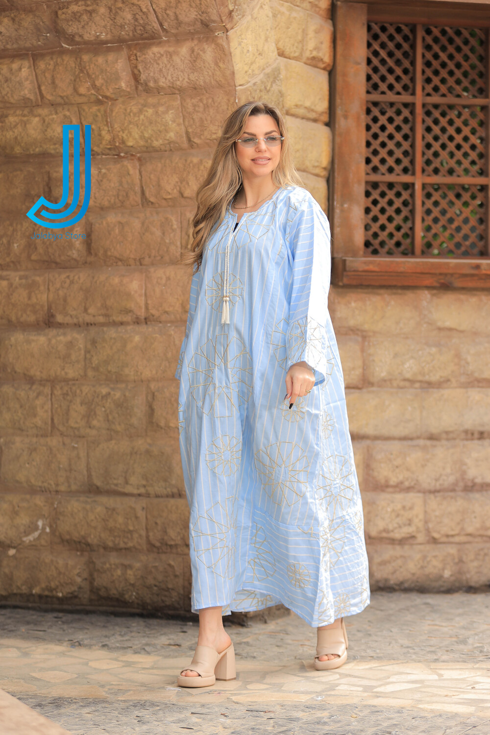 H7 جلابية كتان بتطريز من الطراز الاسلامي