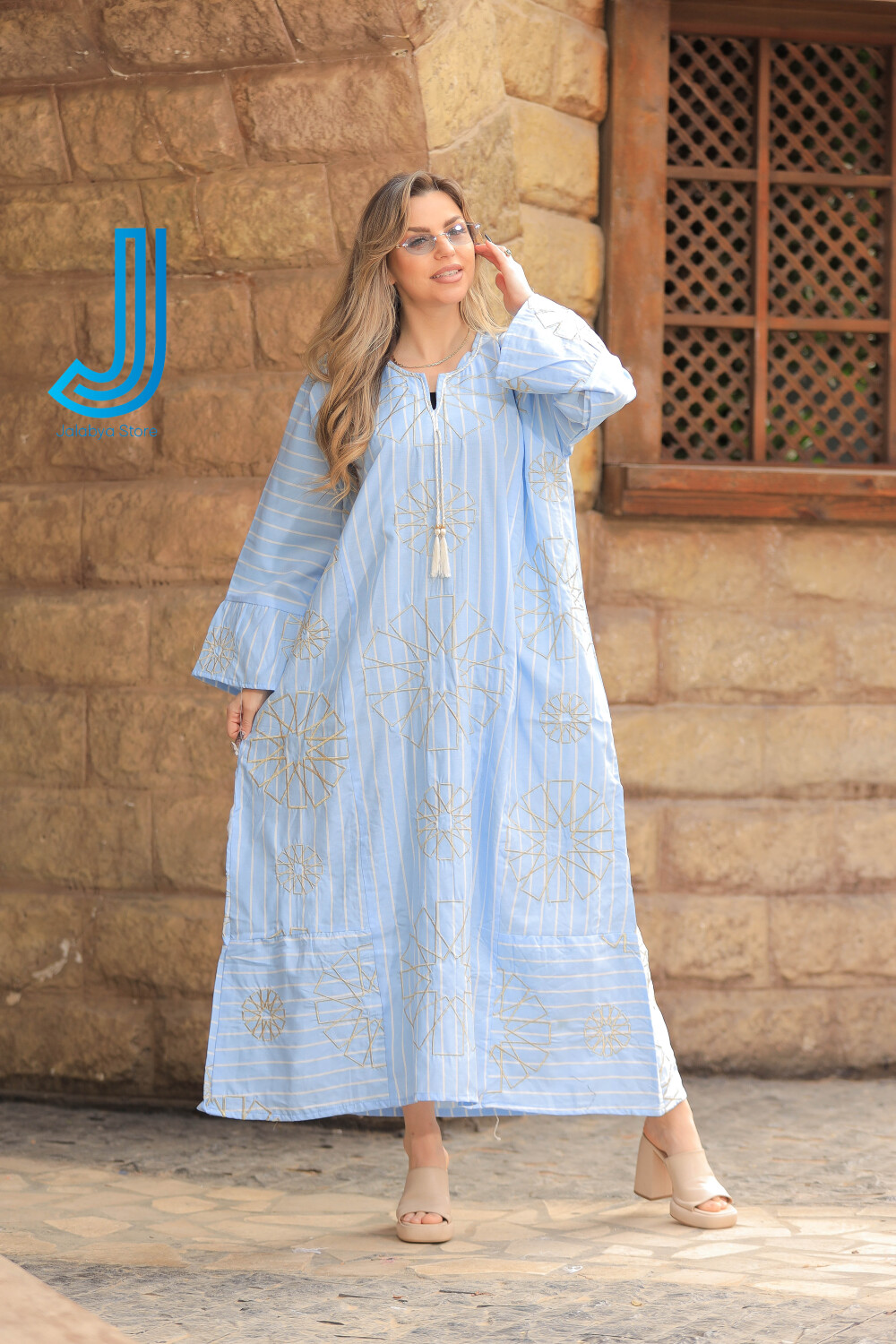 H7 جلابية كتان بتطريز من الطراز الاسلامي