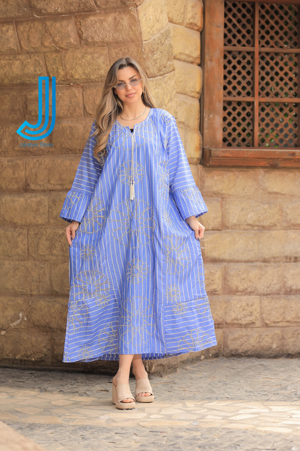 H7 جلابية كتان بتطريز من الطراز الاسلامي