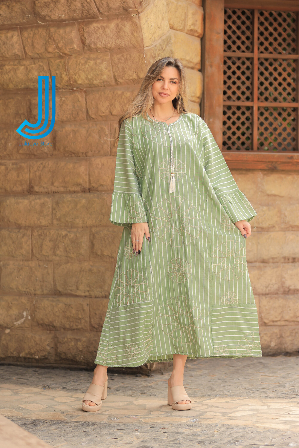 H7 جلابية كتان بتطريز من الطراز الاسلامي